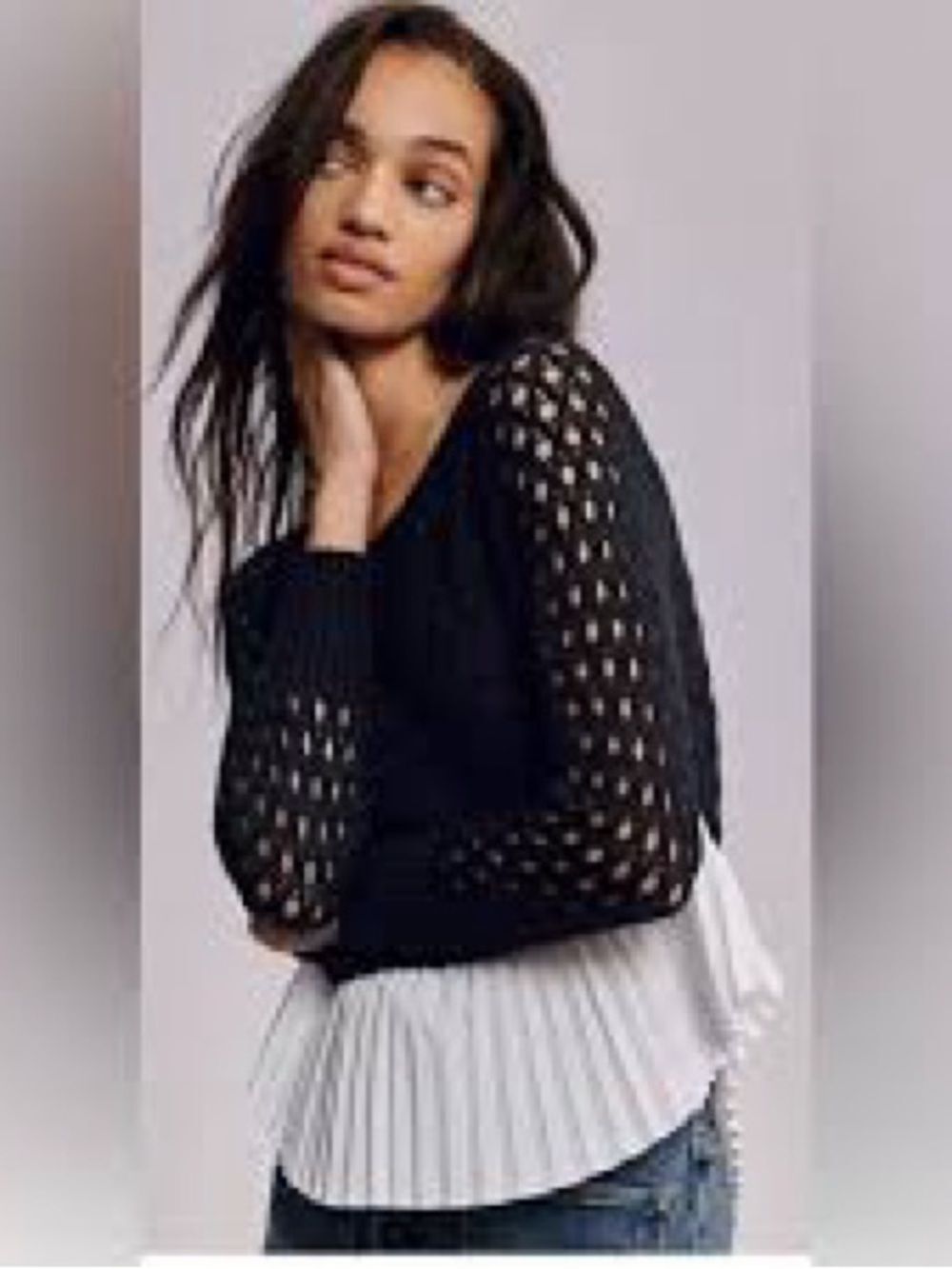 Maeve Anthropologie Black Crochet Sweater with Pleated White Hem XS